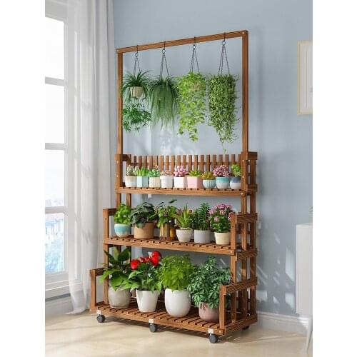 TTSolid Wood Flower Stand Storage Rack Multi-Layer Mobile Green Radish Hanging Flower Rack Living Room Floor-Standing Plant Rack
