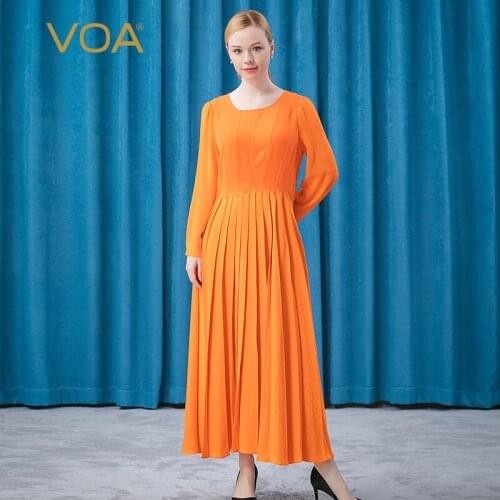 VOA Silk 30m/m Orange Round Neck Contrast Georgette Shirt Sleeve Mid Waist Jacquard Panel Pleated Skirt Woman Dress AE616