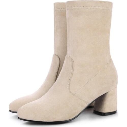 2019 New Womens Black Pointed Toe Shoes Chunky Heels Booties High Heel Ankle Boots