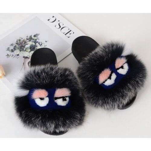 Women Real Fur Fashion Slippers Monster Cartoon Real Fox Fur Flat Slippers Outdoor Fur Sandals Fashion Slippers
