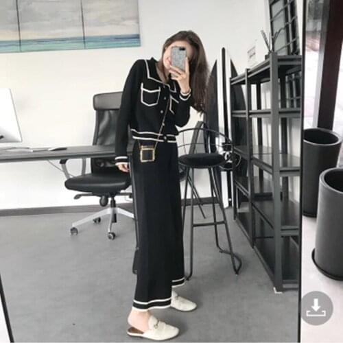 Womens Knitted Suits 2021 Newest Autumn Single-Breasted Long Sleeve Knit Tops + High Waist Wide Leg Pants 2 Pieces Sets Mujer