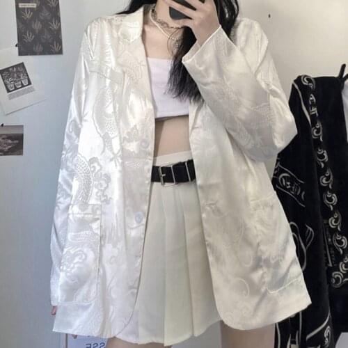 2021 New Blazer Women Korean Fashion Casual Gothic Vintage Dragon Jacket Retro Long Sleeve Thin Loose Blazers Coat Streetwear