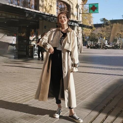 Womens Trench Coat 2021 Spring Autumn New Fashion Apricot Color Stitching Lapel Double-Breasted Belted windbreaker Female 26M