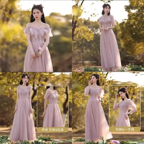 Bridesmaids Dresses Illusion Short V-Neck Pleat Crystal Tulle Lace Off The Shoulder Luxury Pink Women Wedding Party Gown E616