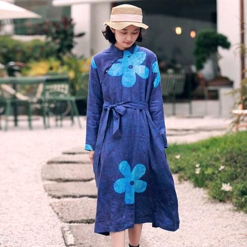 Johnature Autumn Winter Retro Print Stand Plate Buckle Long Sleeve Dress 2021 New Cotton Linen Comfortable Women Fashion Dresses