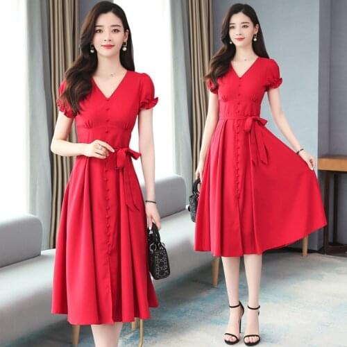 2020 Summer Vestidos Mujer Was Thin V-neck Lace Up Long Dresses Temperament Hepburn Style High Waist Red Dress Women Summer A981