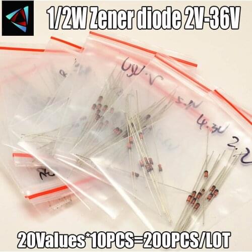 200 Pcs 2V-36V 20Values 1/2W 0.5W Zener Diode Assorted kit Assortment Set New