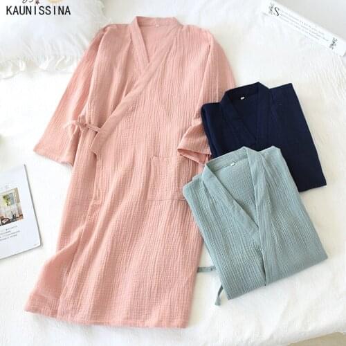 Couples Crepe Gauze Bathrobe Solid Cotton Robe Long-sleeved V-neck Kimono Wedding Robes Sleepwear Plus Size Dressing Gown