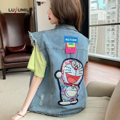 Lusumily Denim Vest Women Loose Waistcoat Sequin Sleeveless Jean Jacket Casual Cowboy Outwear Autumn Female Diamonds Denim Vest