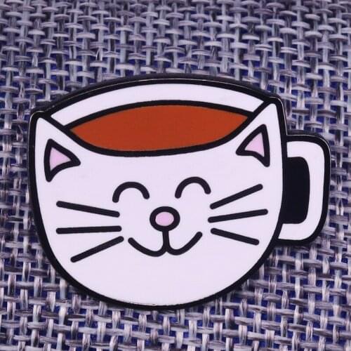 Coffee cup Enamel Pin Cute smile cat Brooch cute funny relaxing decor
