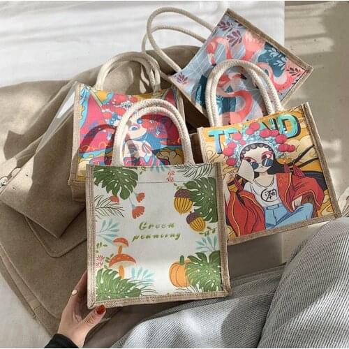 Chinese style Canvas Handbag Printing Women Personality Creative Handbag three Dimensional Handbag Canvas Square Handle Handbag