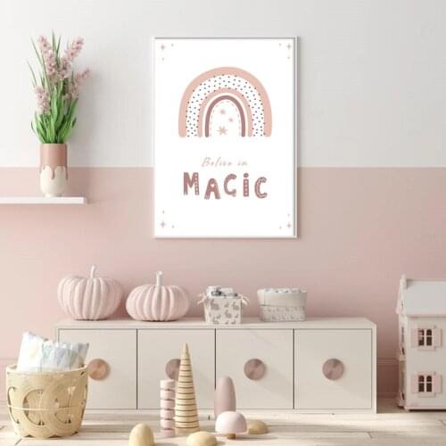 Nordic Pink Rainbow Art Print Baby Belive in Megic Wall Painting Cartoon Canvas Pictures and Posters for Nursery Kids Room Decor