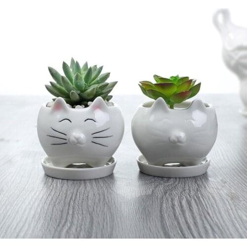 Cartoon Kitten White Ceramic Flower Pot Desktop Pot Succulent Planter Pot Decoration Plant Pot