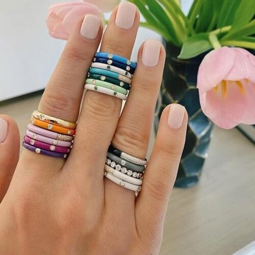 10 Colors Simple Rainbow Enamel Ring Paved CZ Shiny Cubic Zircon Fashion Engage Eternity Stackable Rings For Women Jewelry Gift