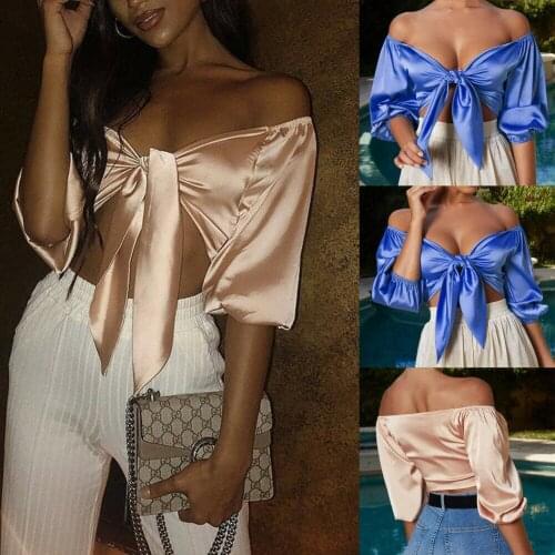 Summer New Sexy Fashion Womens Satin Silk bow-knot Tie Vest Off Shoulder Top Ladies Shirt Fashion Streetwear