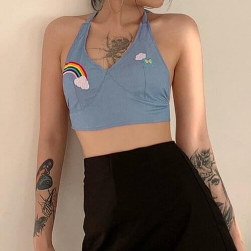 Cute Girls Embroidery Print Deep V-neck Backless Bandage Lace-up Halter Camis Tops Bustier Cropped Y2K Summer Women Clothes