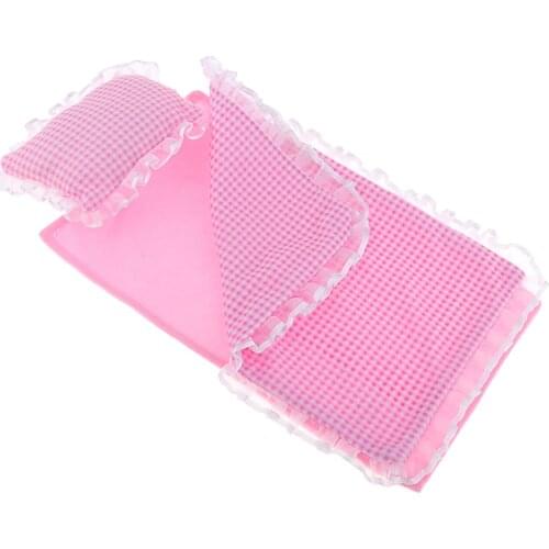 Lovely Dollhouse Bedding Set for 25cm MellChan Dolls Accessories Pink Plaid