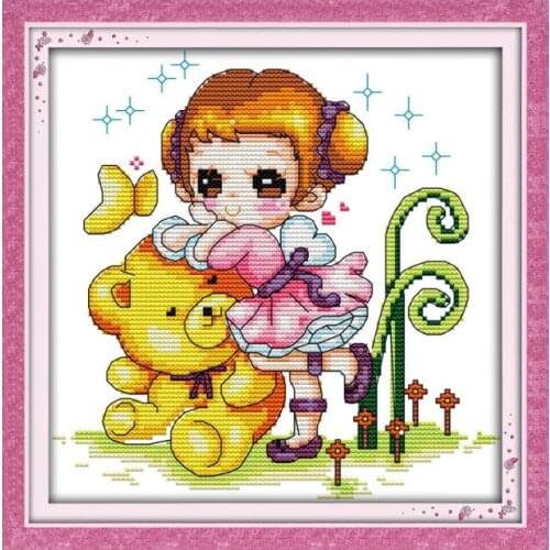 Bear and girl cross stitch kit 14ct 11ct count print canvas stitches embroidery DIY handmade needlework plus