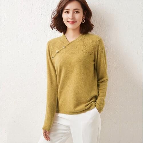 New Womens 100% pure wool sweater long-sleeved knitted V-neck fashion high-end cashmere sweater regular pullover 7 colorsautumn
