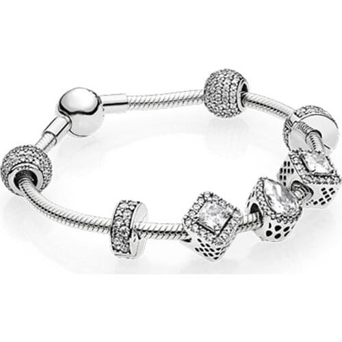 NEW 2017 NEWEST 100% 925 Sterling Silver Hand catenary suit Clear CZ Charm Bead ESSENCE Bracelets DIY For Women Jewelry