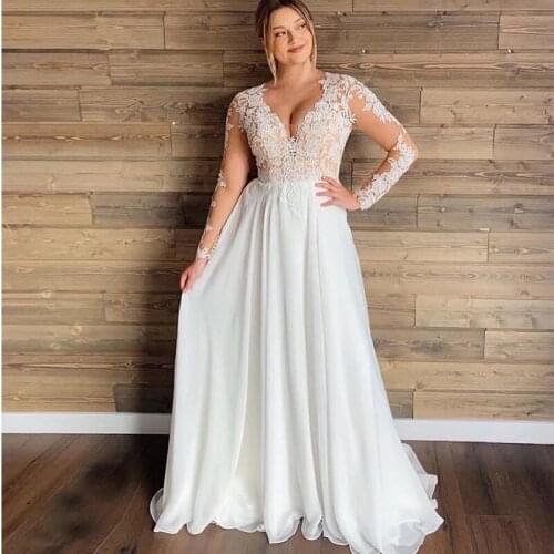 Charming V-Neck A-Line Chiffon Wedding Dresses 2021 Vestido De Noiva Sexy See-Through Back Long Sleeve Bride Wedding Gowns