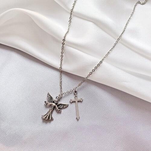 Necklace for Women Angel Wing Cross Necklace Street Hip-hop Neck Chain Lovers Retro Jewelry Accessories Wholesale