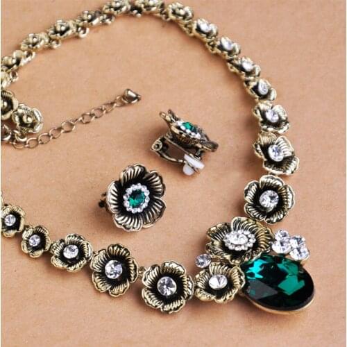 Antique Silver Plated Flowers Necklace Earrings Jewelry Sets Link Chain Necklace Green Jewelry Rhinestone Crystals Women Colar