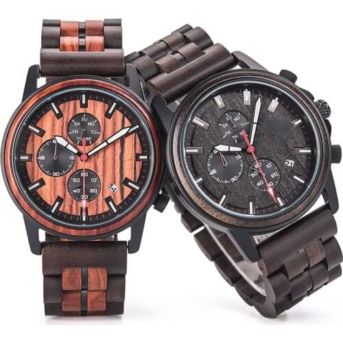 Low MOQ Luxury Multi-function Wood Watch Quartz Wristwatch Custom Logo Men Watches