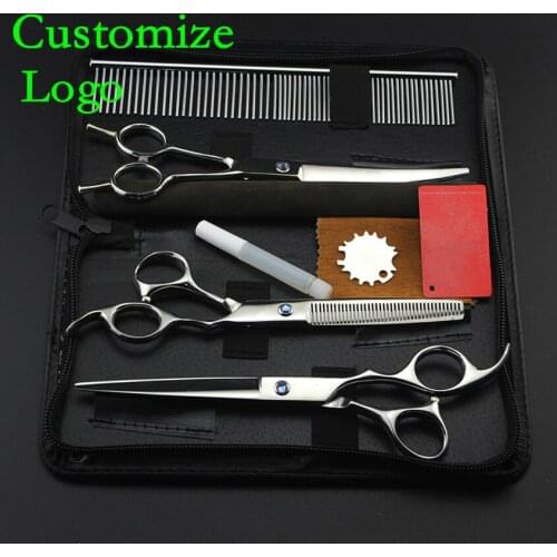 Customize 4 kits professional Pet 7 inch shears dog grooming hair scissors thinning cutting curved barber hairdressing scissors