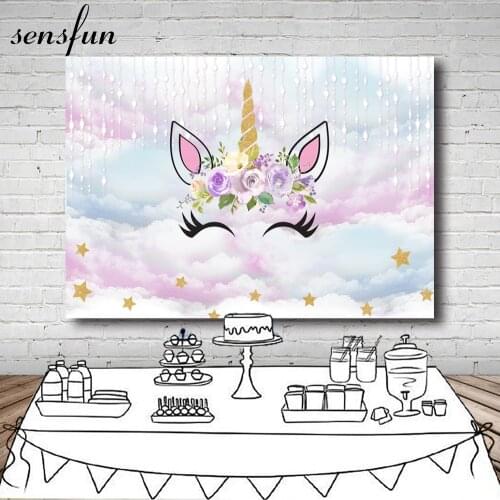 Sensfun 2021 New Smile Unicorn Theme Backdrop For Photography Soft Cloud Drop Shiny Glitter Star Girls Birthday Party Background