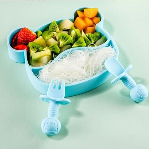 Silicone baby plate set cartoon baby bowl with spoon fork 100% food grade BPA free silicone kids plate set placemat kids
