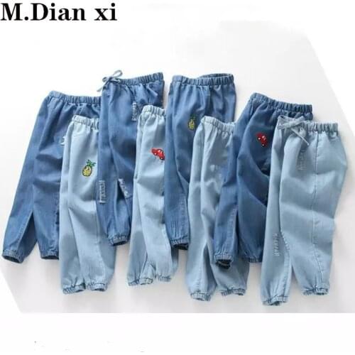 Spring and Summer 2020 Childrens Jeans BoysSummer Mosquito-proof Pants Girls' Cartoon Embroidered Thin Jeans 2-6Y
