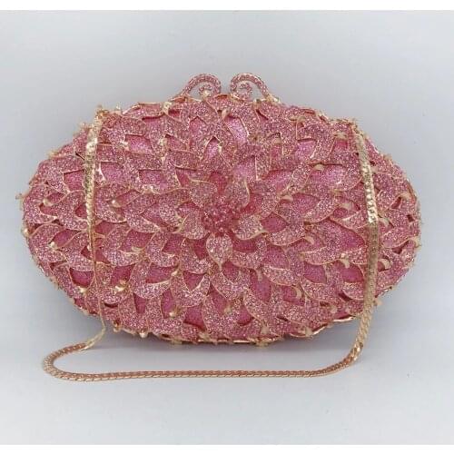 High Quality Gold Metal Crystal Pink Flower Ladies Clutch Bags New Fashion Phone Clutches Purses WHTUOHENG Women Diamond Handbag