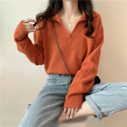 Pullovers Women Casual Simple V-Neck Spring Teenagers Basic College Solid Chic Pockets All-match Sweaters for Lady Tender Loose