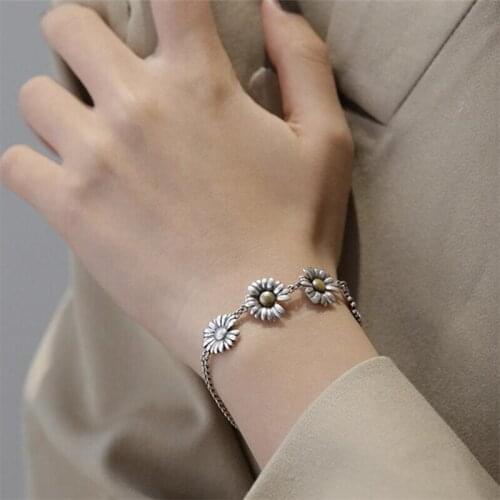 925 Sterling Silver Vintage Design Daisy Flower Charm Bracelet & Bangle For Women Girls Wedding Jewelry Accessories sl103