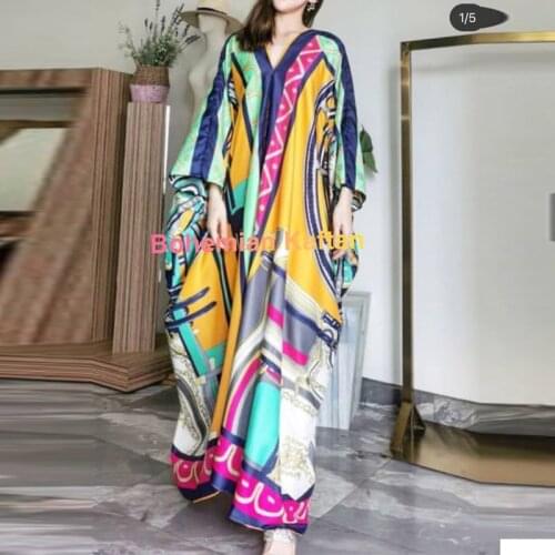 Kuwait Fashion Blogger recommend popular printed silk kaftan maxi dresses loose summer beach bohemian long dress for lady