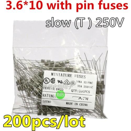 200pcs/lot 3.6*10 T Glass fuse Slow blow 250V T0.5A 1A 1.6A 2A 2.5A 3A 3.15A 4A 5A 6A 6.3A 8A 10A 15A 3.6x10mm
