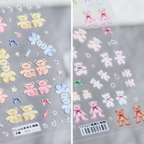 HD 3D Gift Bear Nail Art Sticker Cute Rilievo Press on Nails Charms for Kids Manicure Decal Seal Design 2021 Kawaii