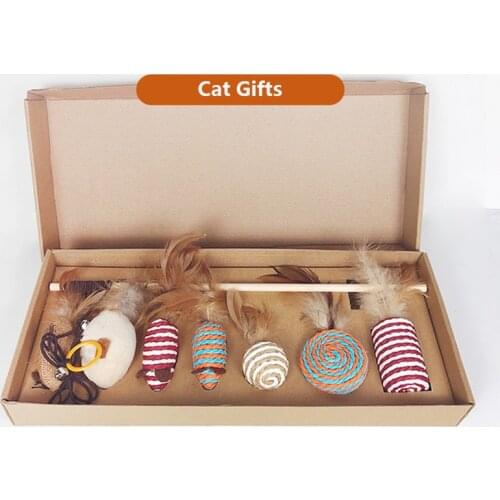 7pcs/set Funny Cat Toys Sets With Gift Box Feather Cat Teaser Wand Catnip Katten Sisal Speelgoed Cat Toy Box Set Linen Mouse Toy