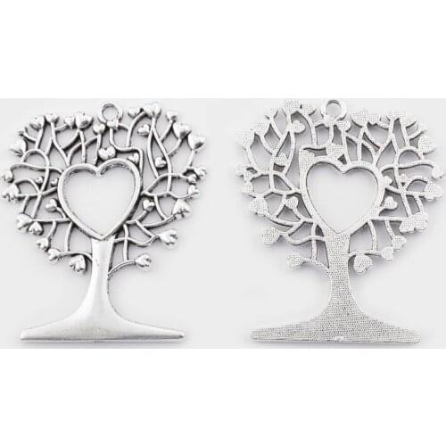 A Large Hollow Family Tree Heart Charm Pendant for Necklace Jewelry Making Findings 65x56mm