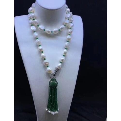 Long fresh water pearl necklace 80CM 10-11MM accept order any lenth 925 sterling silver leopard with green tassels fine jewelry