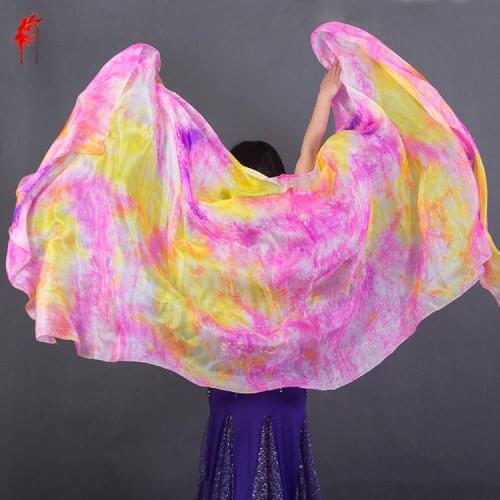 Hot sale yellow pink dyed 100% pure natural silk veils for belly dance 270cm long for dancer show on the stage hand veil