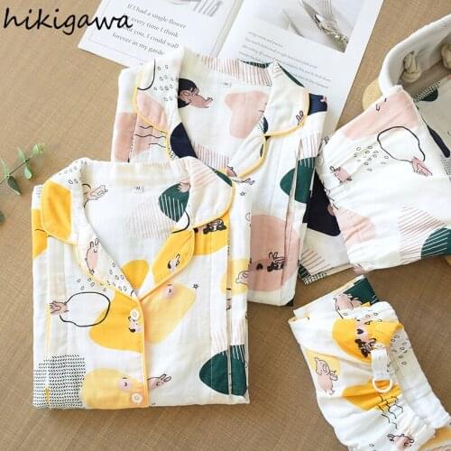 Hikigawa 2021 Womens Home Clothes Cartoon Print Suit Female Cotton Yarn Pyjama Pour Femme Autumn Winter Pijamas De Mujer 27a633