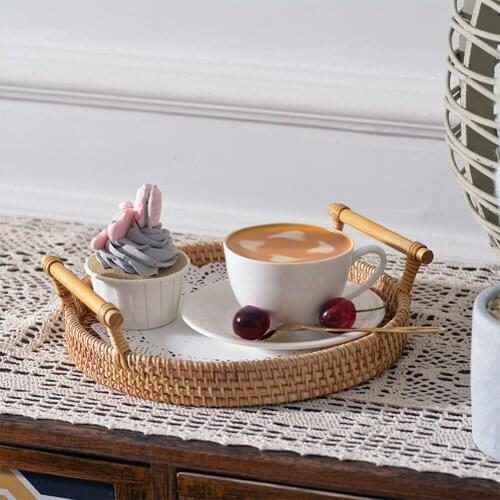 Round Rattan Storage Hand-Woven Tray Wicker Basket with Handle For Bread Fruit Food Tea Flower Breakfast Display Storage Baskets