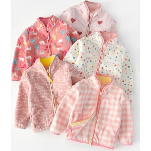Children Girls Winter Jacket Cute Print Polar Fleece Zipper Thin Stand Collar Cartoon Jacket