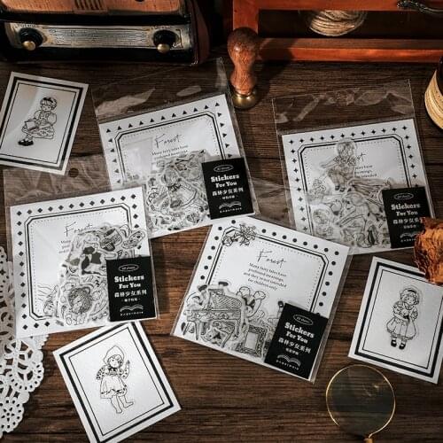40pcs/pack Black White Cute Girl Animal stickers Decorative Stationery Craft Stickers Scrapbooking DIY Stick Label Stickers