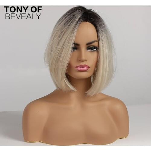 Brown to Light Blonde Ombre Hair Short Straight Bob Hairstyle Synthetic Wigs Side Part for Women Cosplay Heat Resistant Wigs