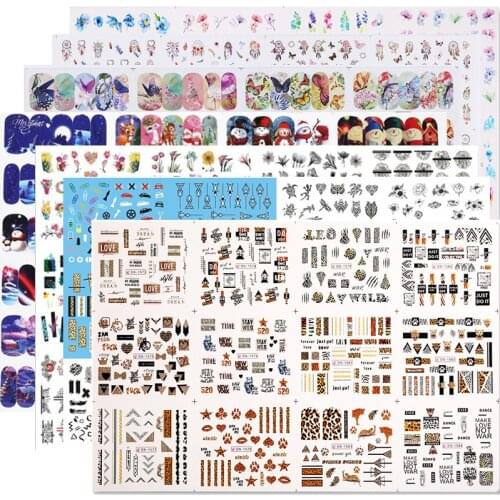 12 Designs Nail Stickers Set Snowflake Floral Geometric Nail Art Water Transfer Decals Sliders Flower Leaf Manicures Decoration