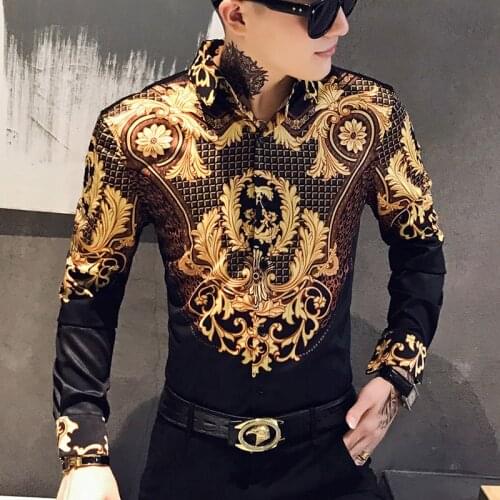 Casual Blouse Homme Baroque Banquet Shirt Paisley Black Gold Men Shirt Luxury Korean Mens Long Sleeve Print Shirts Men Slim Fit