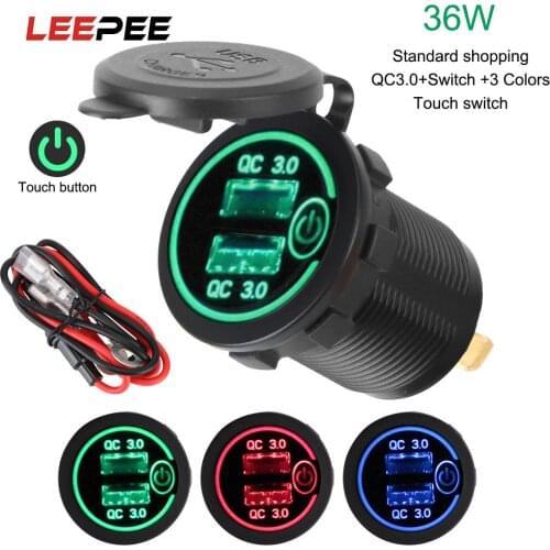 QC 3.0 12V/24V Socket Quick Charger with Caps Touch Switch LED Display Dual USB Charger for Car Truck ATV DVR GPS Motorcycle 36W